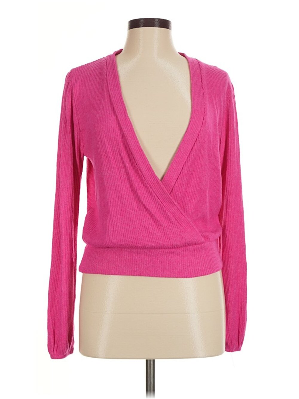 Hot Pink Cashmere-like Wrap-Front Ribbed Cardigan